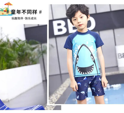 Children's Cartoon Shark Short Sleeve Split Swimwear with Swim Cap, Sun Protection Beach Wear, Baby Boys Swimsuit