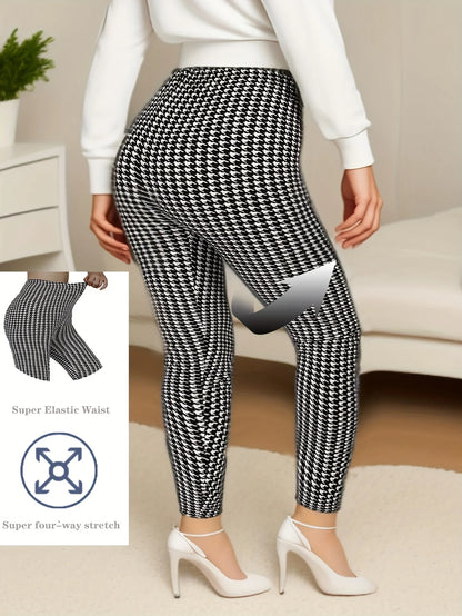 Plus Size Elastic Casual Leggings Sports Tight Pants Thousand Bird Plaid Comfortable Soft Breathable Cropped Pants