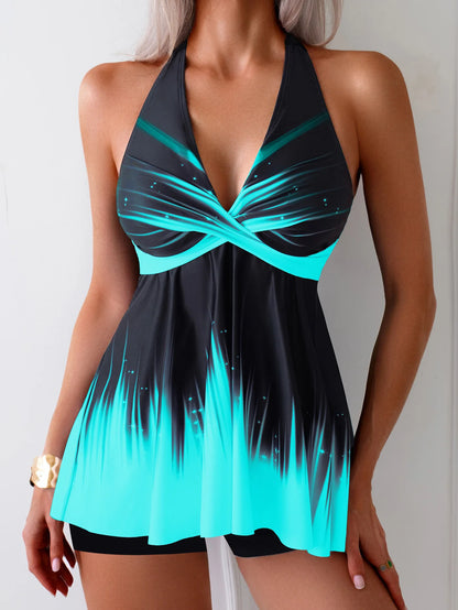 Vintage Black Gradient Tankini Set Women V Neck Ruffles Dress High Waist Panties Two Piece Swimsuit Bathing Suit Swimwear