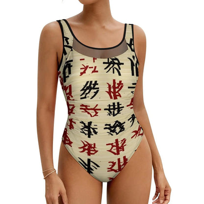 Retro Letter Print Swimsuit Egyptian Hieroglyphs Push Up Swimwear One-Piece Vacation Bath Bathing Suit Bodysuit Beach Outfits