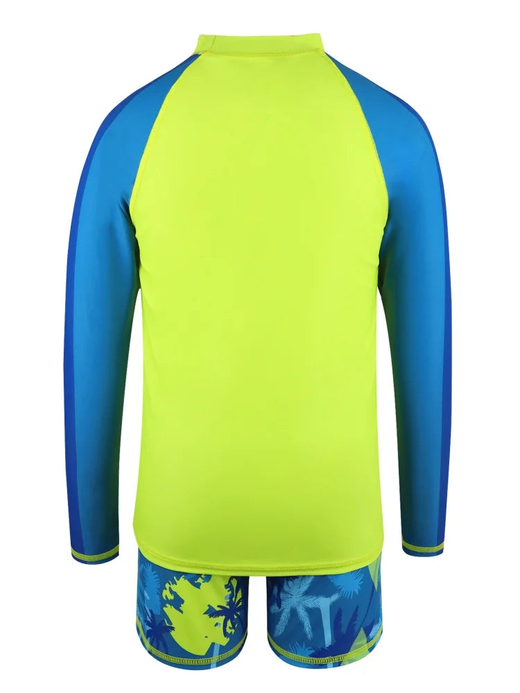 Boy Kids Swimsuit Solid Coconut Tree Long Sleeve Children Swimwear Summer Split 2 Piece Beachwear Bathing Suit Swimming