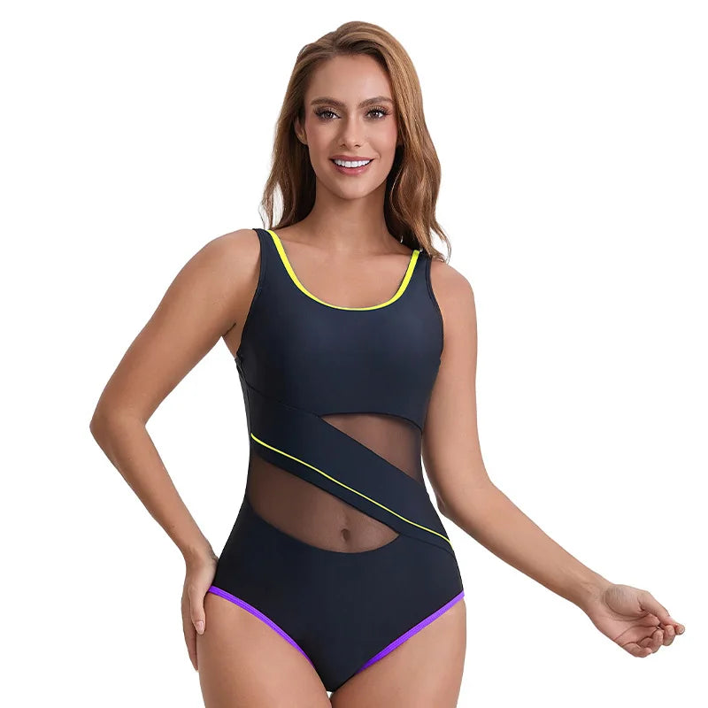 Sport Swimwear One Piece Bathing Suit for Women Swimsuits Block Colors Mesh Hollow out Beach Wear