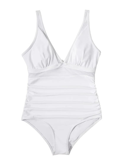 Mesh Panel Swimsuit One Piece High Cut Swimwear Women Solid Bathers Bathing Suit Female Backless Swimming Beachwear