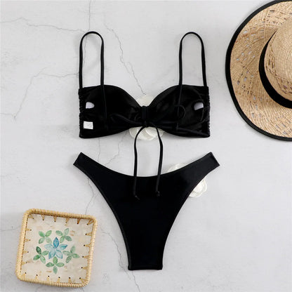 Flower Bandeau Swimwear Thong Bikini Women Lace-up Swimsuits Swimming Bathing Suit Brazilian Bikinis Set