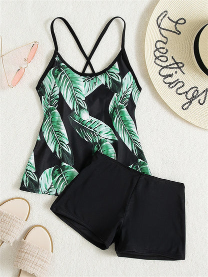 String Tankini Two Piece Leaf Print Swimsuit Women High Waist Shorts Swimwear Female Bather Bathing Swimming Suit Beachwear