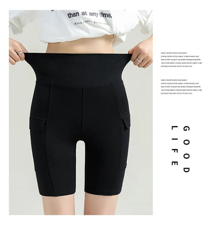 BIVIGAOS Summer New Cargo Pocket Shark Shorts Women's Sport Fitness Cycling Shorts High Waist Running Tight Biker Short Leggings