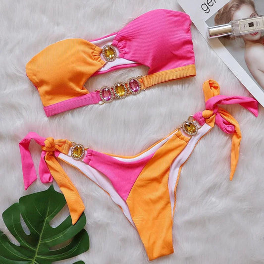 Colour Panel Rhinestones Bikinis Women Swimwear Female Swimsuit Swimming Bathing Suits Girls Brazilian Bikini Set Beachwear Bather
