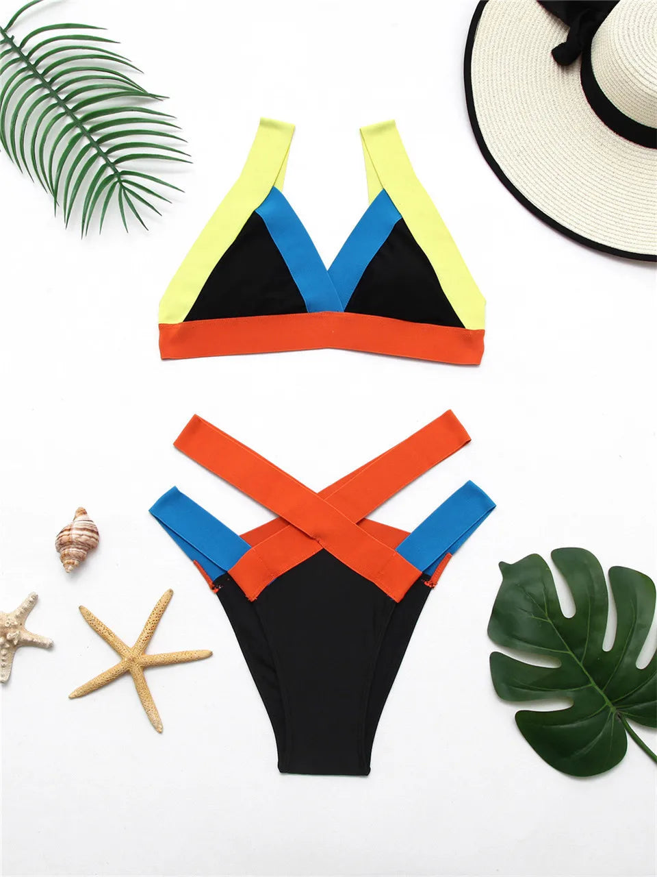 High Waist Bikini Strapped Swimsuit Block Color Women Solid Swimwear Female Bathers Bathing Swimming Suit Beachwear Summer