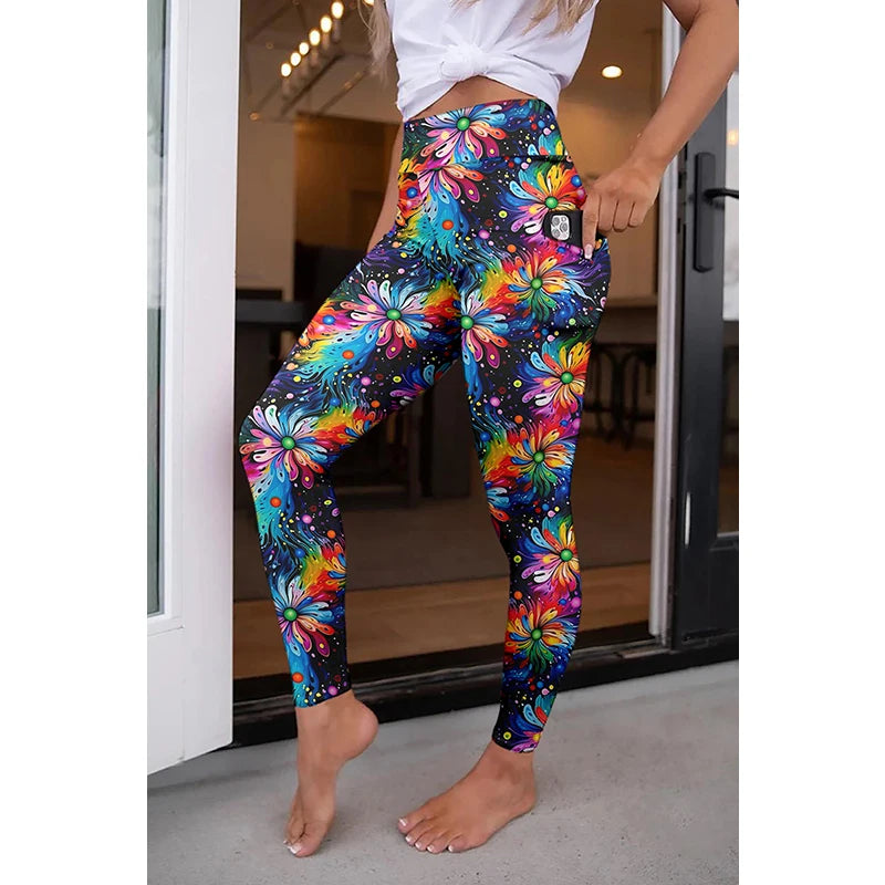 High Quality Women Elastic Pocket Pants Fashion High Waist 3D Printing Stretch Fitness Girls Leggings