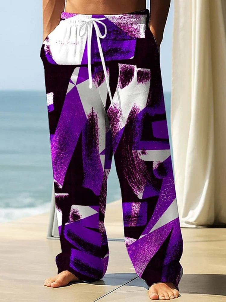 Rainbow Patchwork Print Men's Pants Relaxed Fit Outdoor Casual Breathable Trousers Drawstring Design Plus Size Pants