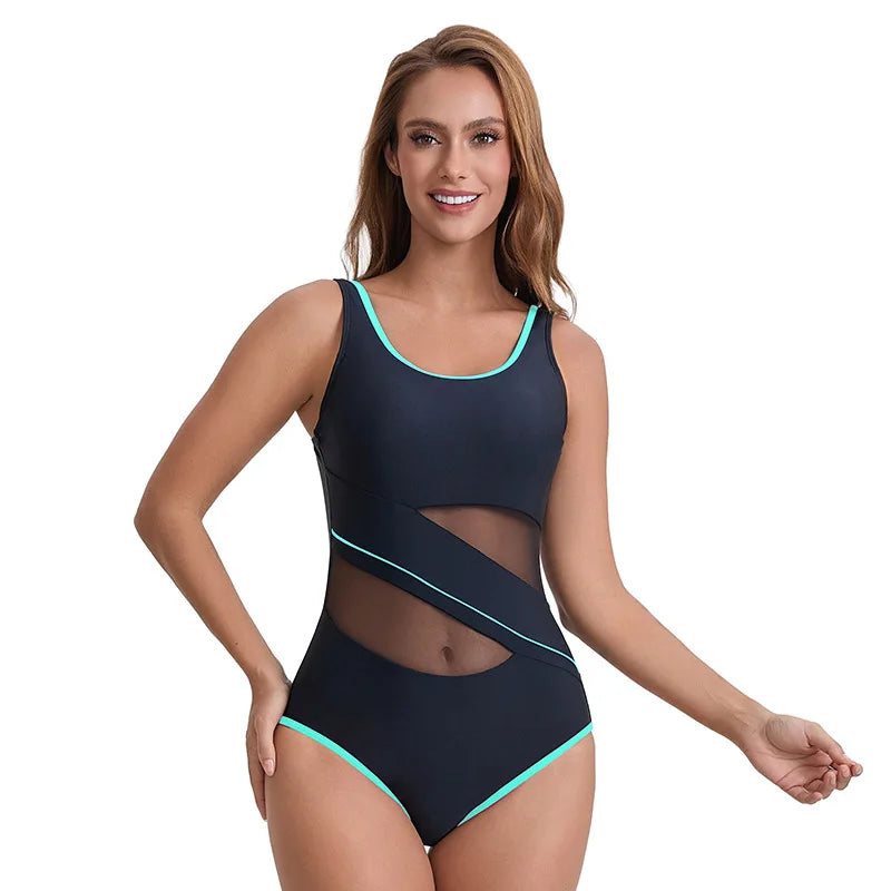 Sport Swimwear One Piece Bathing Suit for Women Swimsuits Block Colors Mesh Hollow out Beach Wear