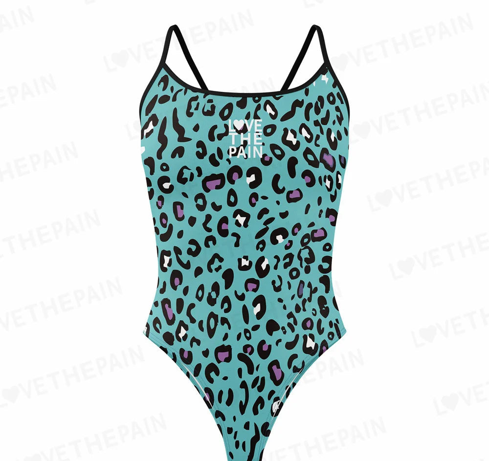 Love The Pain Leopard Print One Piece Swimsuit Thin Straps Versatile V-back Women's Swimwear Monokini Triathlon Swimsuit