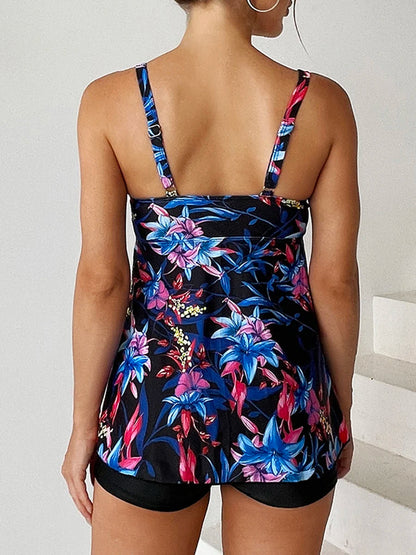 Floral Printed Tankini Set Two Piece Swimsuit Short Women Drawstring Swimwear Female Bathing Suit Beachwear Swimming Summer