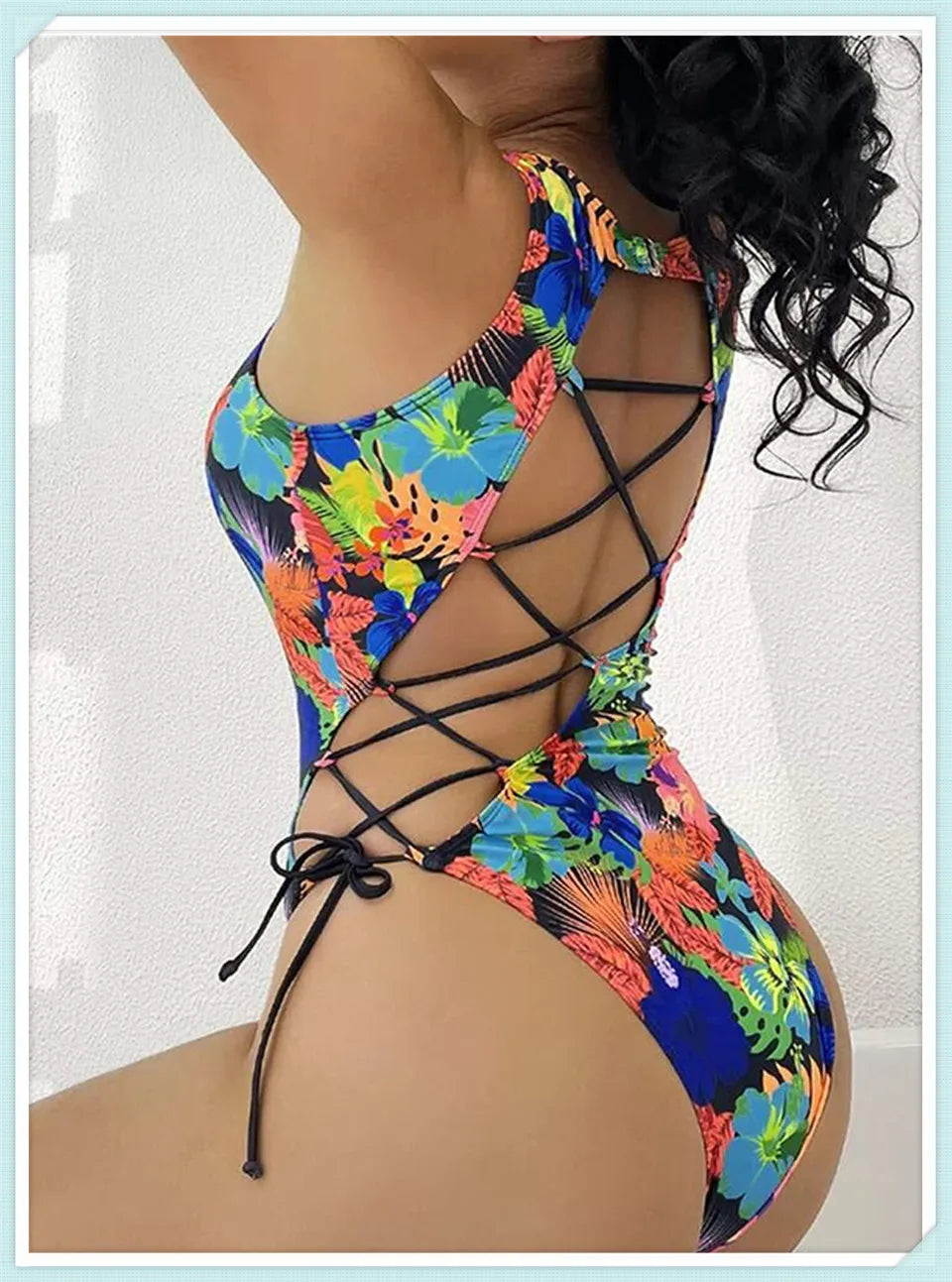 Lace Up Back Swimsuit One Piece Printed Swimwear Women Backless Bathing Swimming Suit Female Padded Beachwear Bodysuit