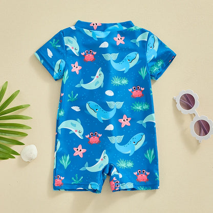 FOCUSNORM 2 Colors Summer Baby Boys Beachwear 0-3Y Short Sleeve Turtle Dolphin Print Swimsuit Jumpsuit Summer Swimwear