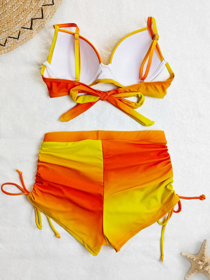 Vintage Yellow Gradient Bikini Set Swimwear Women Halter Cross Push Up Padded Bra High Waist Drawstring Side Pants Swimsuit