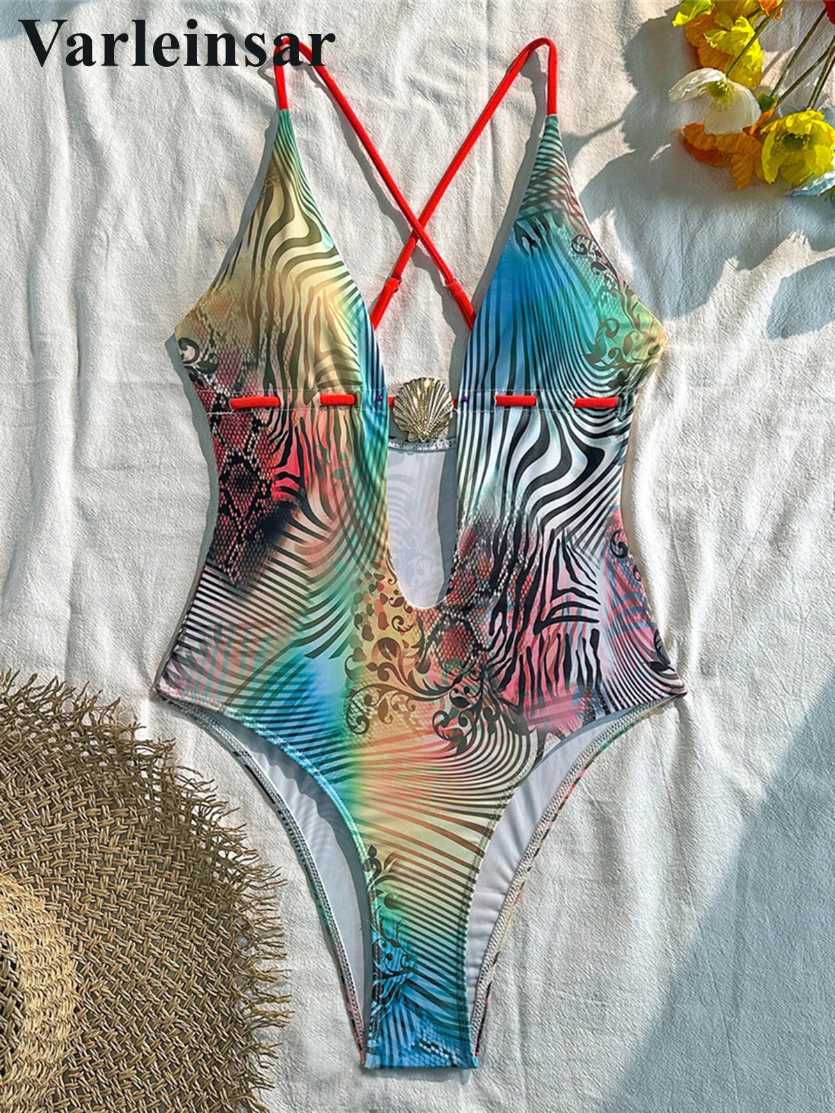 Printed Deep V Neck Cross Back Women Swimwear One Piece Swimsuit Female Scalloped High Leg Cut Bather Bathing Suit Swim