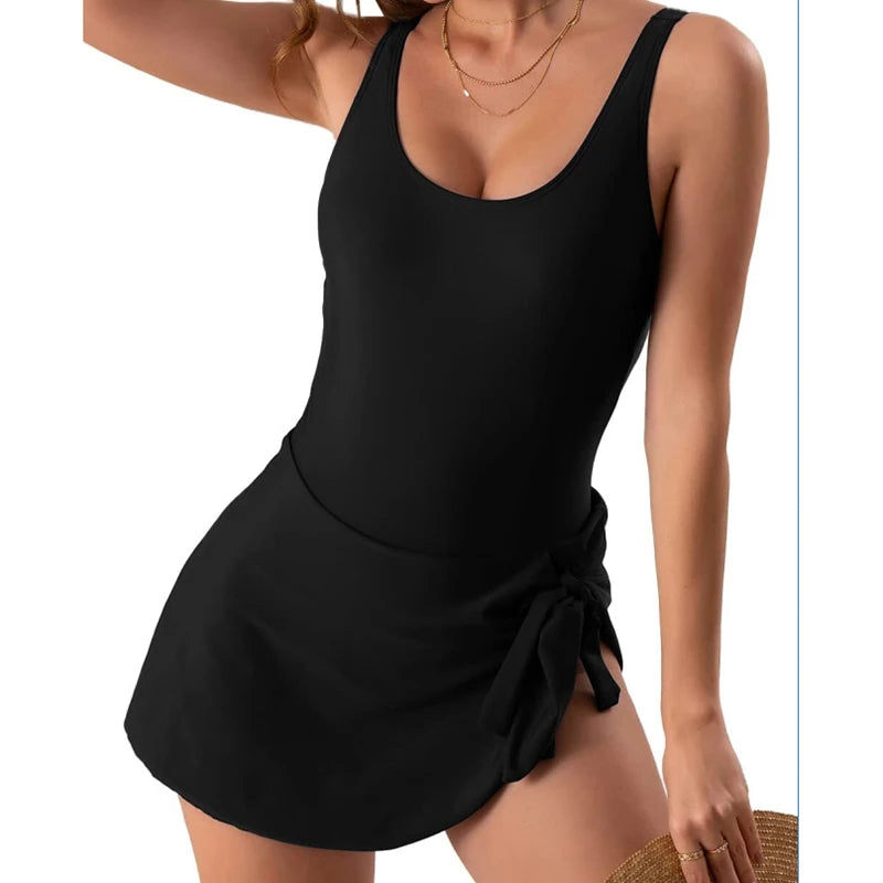 Swimming Suit for Women Low Cut Ruffles Side Bandage One Piece Swimsuit Summer Vacation Swim Suit Dress Beachwear