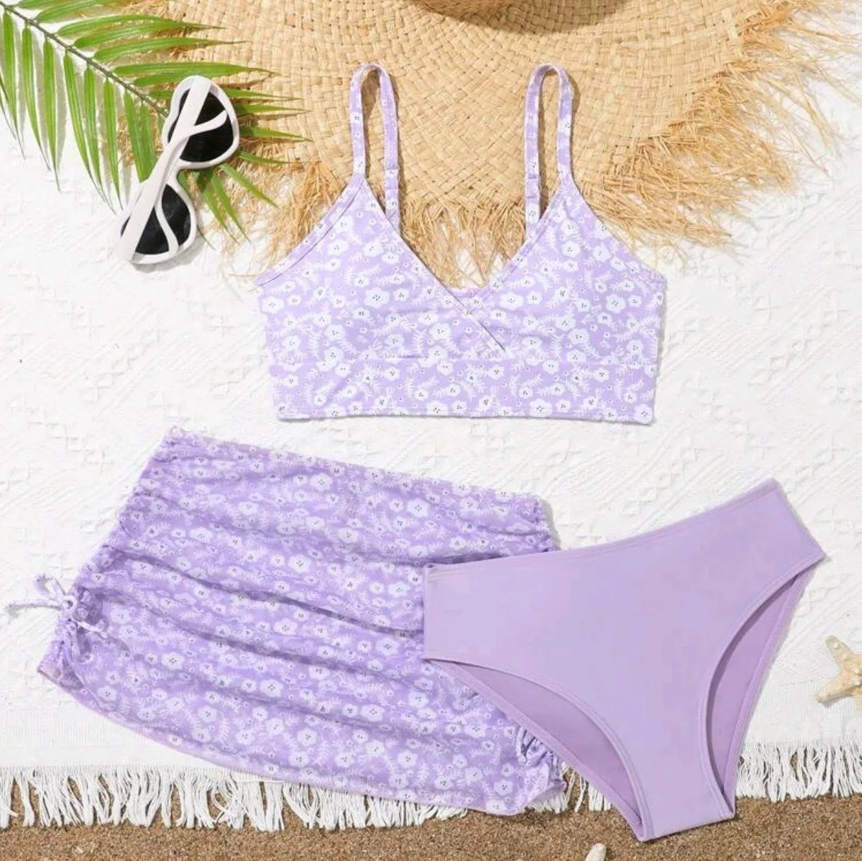 Girls 3 Piece Floral Print Bikini Sets Kids Swimsuit Beach Skirts 7-12 Years Children's Swimwear 2025 Teenages Girl Bathing Suit