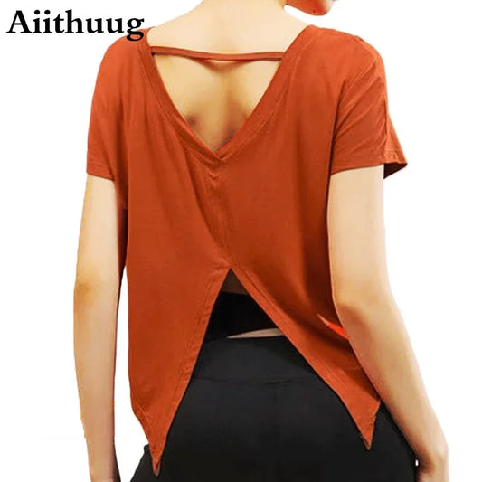 V-Shape Back Split Yoga Top Women's Short Sleeve Lightweight Loose Quick Drying Pilates Dancing Workout Cover-up