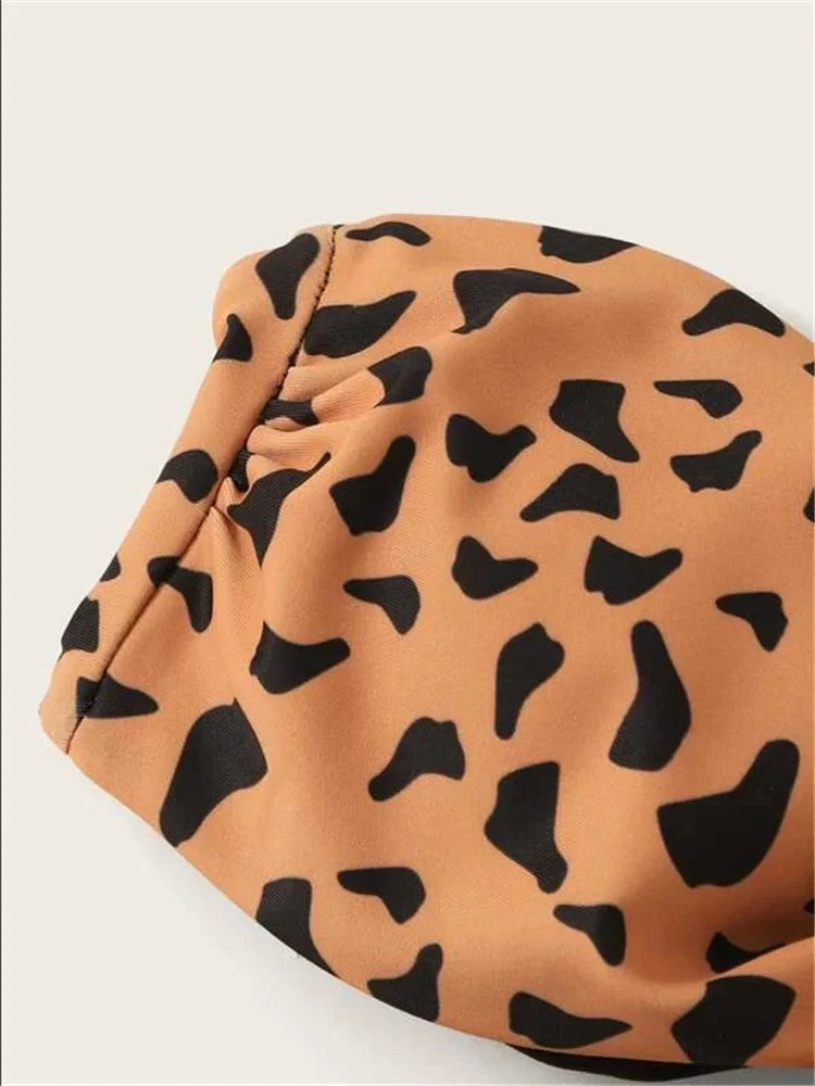 Beach Bikini Woman Front Lace Up Tie Bandeau Leopard Swimsuit Female Push Up Ruffled Bow Bathing Suit Thong Swimwear