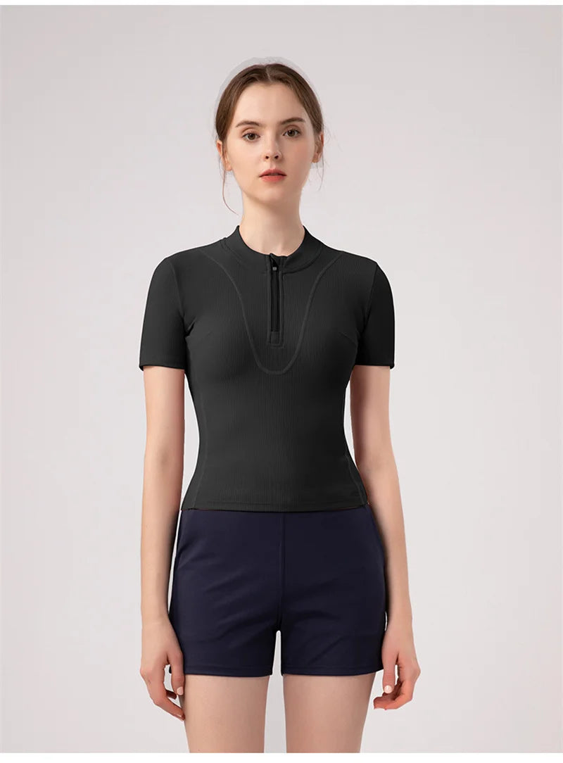 Aiithuug Women Slim Fit Gym Shirts Half Zip Workout Tops Quarter Zip Fitness Shirt Running Quicky Dry Short Sleeve Yoga Tops