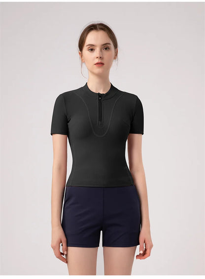 Aiithuug Women Slim Fit Gym Shirts Half Zip Workout Tops Quarter Zip Fitness Shirt Running Quicky Dry Short Sleeve Yoga Tops