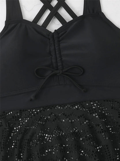 2 Pieces Front Drawstring Swimwear Women Hollow Out Swimsuit Beach Skirt Solid Tankini Female Bathers Swimming Beach Wear