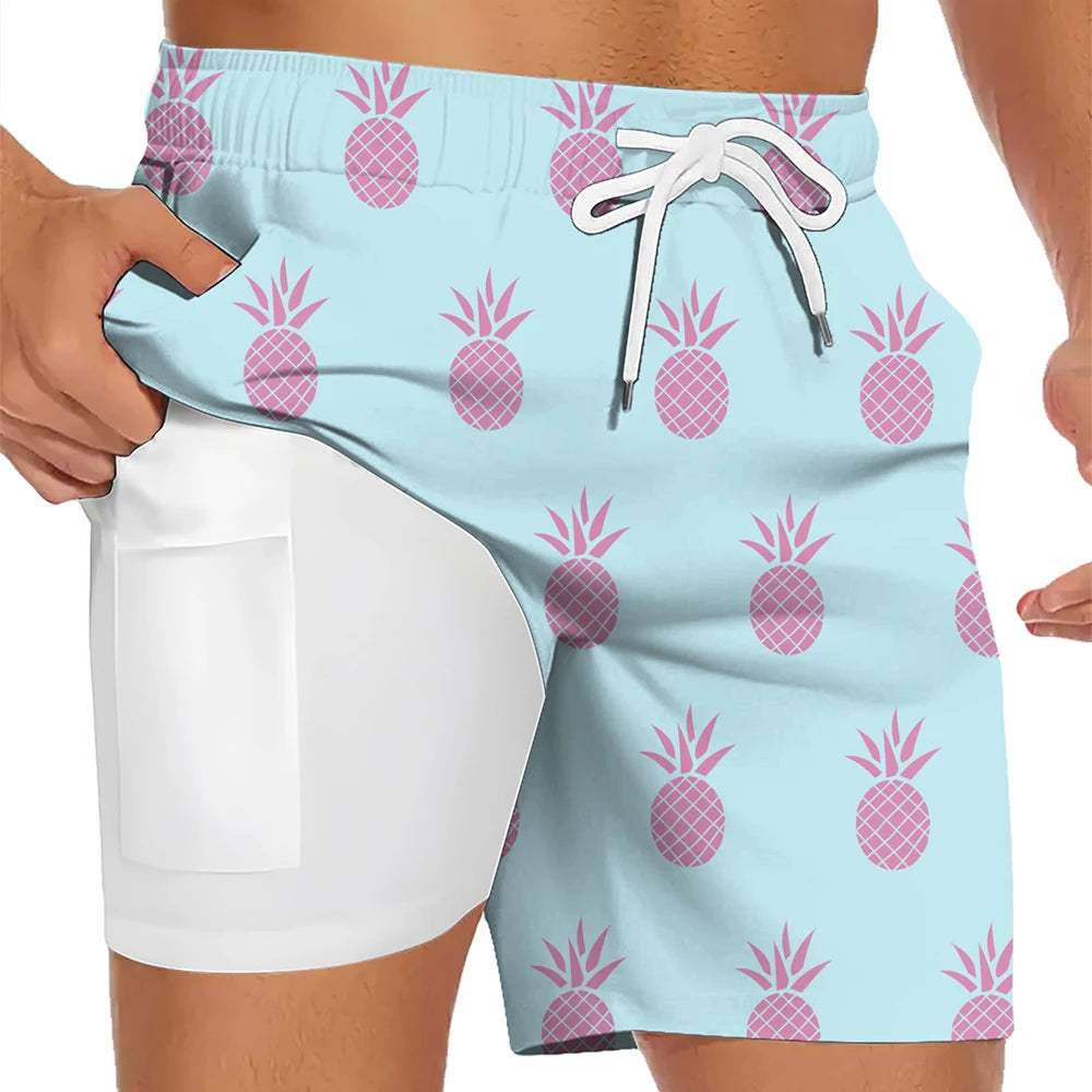 Men Summer Quick Dry Beach Board Shorts Breathable with Compression Liner & Phone Pocket Elastic Waist Multiple Colors Available