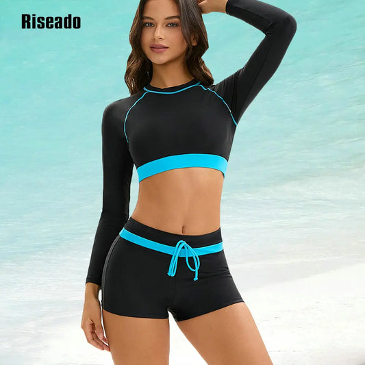 Women's Long Sleeve Sun Protection Rash Guard Wetsuit Two Piece Swimsuit Set