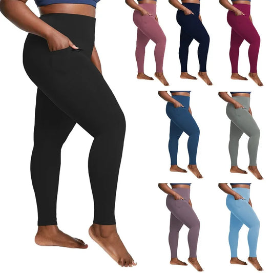 Women's Plus Size High-Waisted Yoga Leggings with Pockets | Tummy Control Hip-Hugging Workout Solid Colors Tights for Gym
