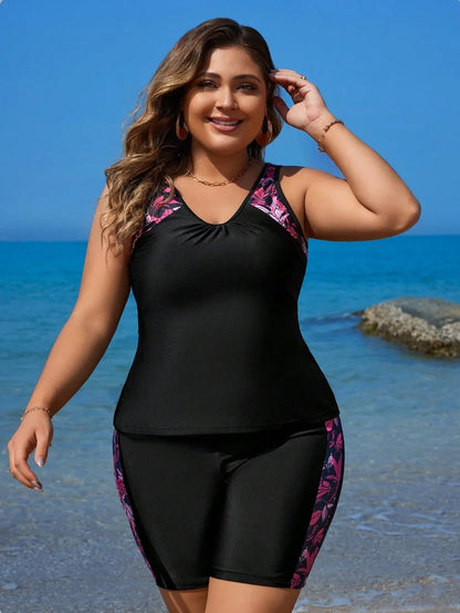 Large Strapped Print Swimwear Women Plus Size Boxer Tankini Set Swimsuit 2 Piece High Waist Bathing Suit