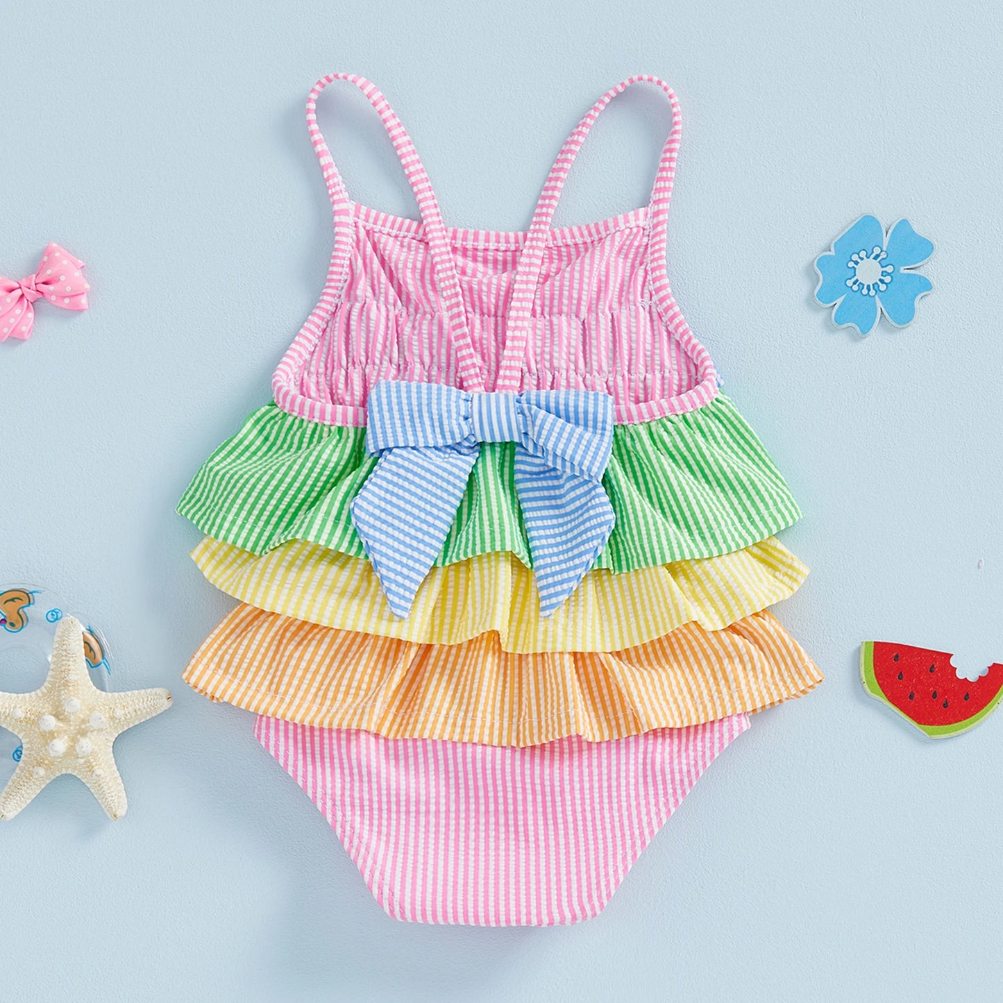 Toddler Little Girls Summer Cami Romper Swimsuit Sleeveless Tiered Colorful Striped/Plaid Swimwear