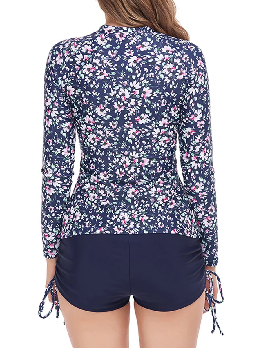 Long Sleeve Surf Swimsuit Floral Printed Swimwear Women Zipper Two Piece Rash guard Diving Clothes Bathing Swimming Suit