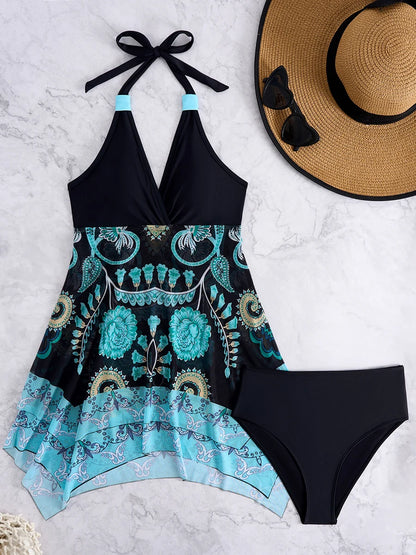 Tankini Beach Dress Two Pieces Halter Swimsuit Women Printed Swimwear Female Bathers Bathing Swimming Swim Suit Beachwear