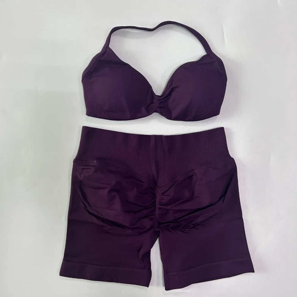 2PCS Gym Set Women Strappy Yoga Bra Top High Waist Workout Scrunch Shorts Sports Suit Seamless Yoga Set Fitness Clothes