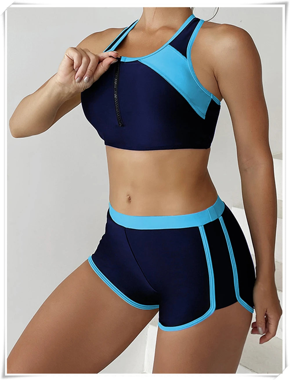 Two Piece Swimsuit Women Zipper Tankini Set High Waist Shorts Swimwear Female Bathing Swimming Suit Sports Beachwear Summer