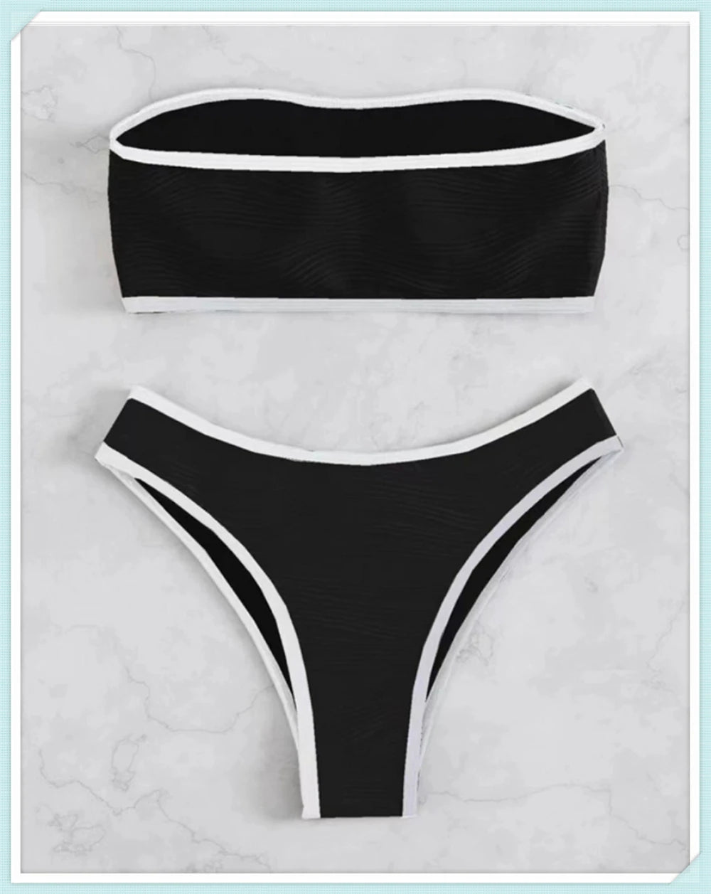 Bandeau High Waist Bikini Women Triangle Swimsuit Stitch Detail Swimwear Padded Bathing Suit Female Solid Beachwear