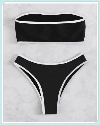 Bandeau High Waist Bikini Women Triangle Swimsuit Stitch Detail Swimwear Padded Bathing Suit Female Solid Beachwear