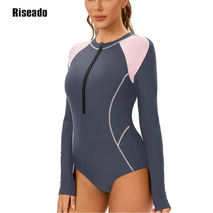 Women's Long Sleeve Rash Guard UV Protection Zipper Printed Surfing One Piece Swimsuit Swimming Beach Wear Bathing Suit
