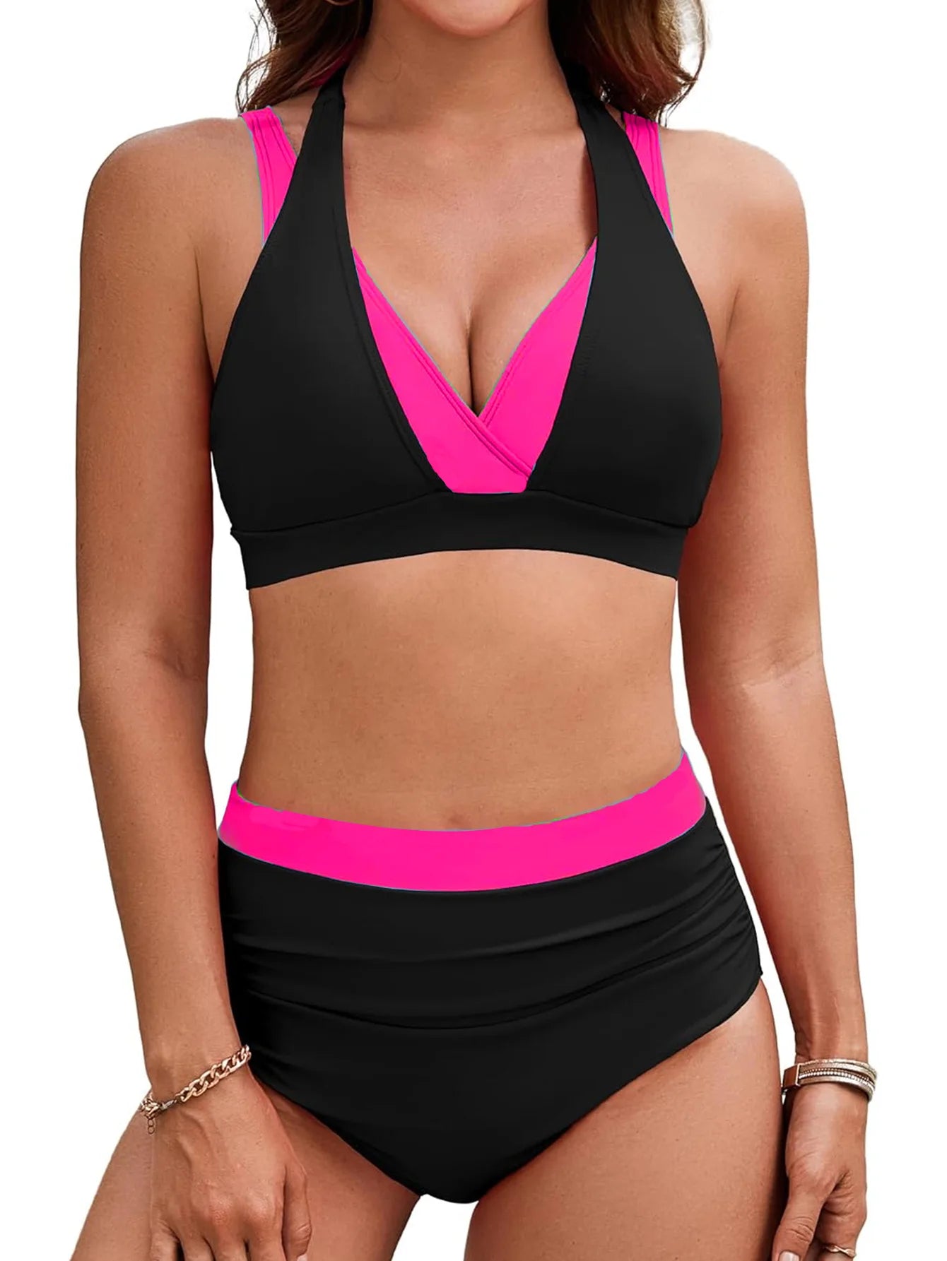 Vintage Black Patchwork Bikini Set Women Double Strap V Neck Push Up Pleated High Waist Swimsuit Beach Bathing Suit Swimwear
