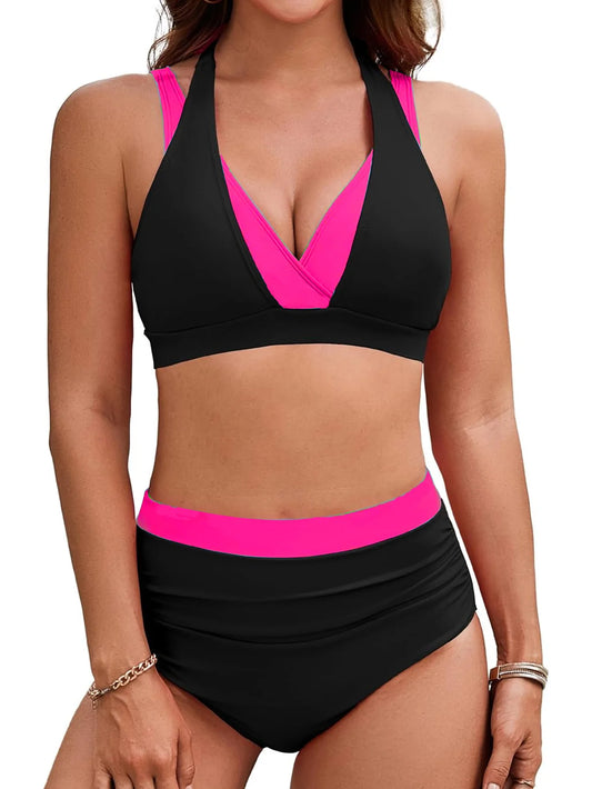 Vintage Black Patchwork Bikini Set Women Double Strap V Neck Push Up Pleated High Waist Swimsuit Beach Bathing Suit Swimwear