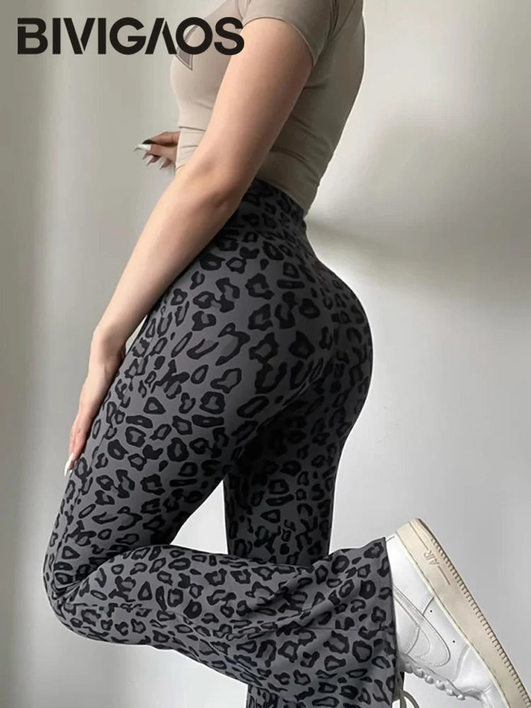 BIVIGAOS Spring Summer Leopard Print Flared Leggings Women Sharkskin High Waist Tight Sport Pilates Fitness Horseshoe Pants