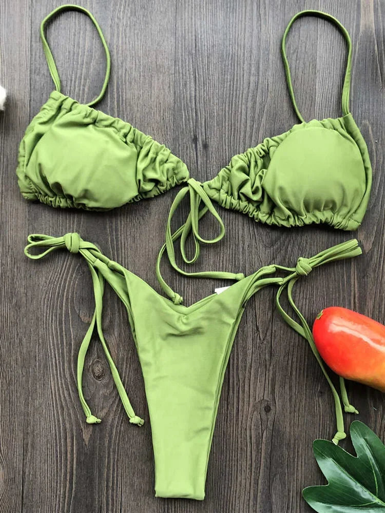 Ruffle Frilled Micro Thong Bikini Women Swimwear Female Swimsuit Two-pieces Bikini set String Bather Bathing Suit Swim