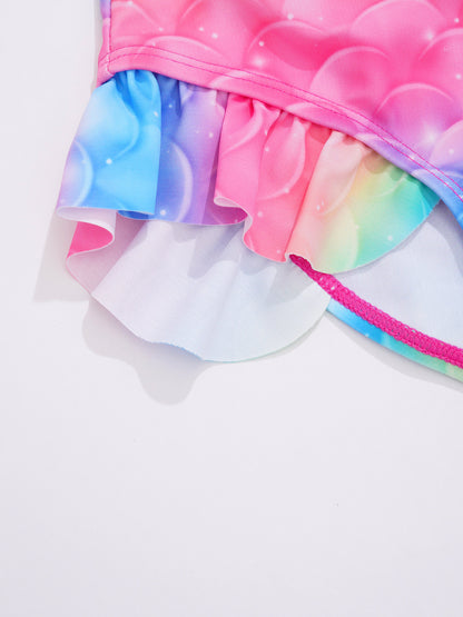 Kids Girls Mermaid Swimsuit Sleeveless Fish Scales Print Ruffle Flounce Jumpsuit Bathing Suit Pool Beach Athletic Swimwear