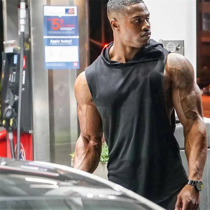 With Hat Gym T-shirt Man Sleeveless Sweatshirt Gym Clothing Men Bodybuilding Clothes Men's Singlet Fitness Vest Singlets Tops