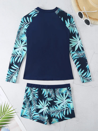 Long Sleeve Surfing Swimsuit Print Swimwear Women Two Pieces Diving Clothes Beachwear Bathing Swimming Swim Suit