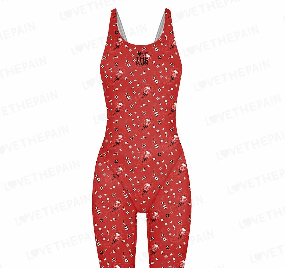 Love The Pain Women Racer Back Bodysuit Knee Length Swimsuit Professional Sports Training Swimwear Backless Athletic Swimsuit