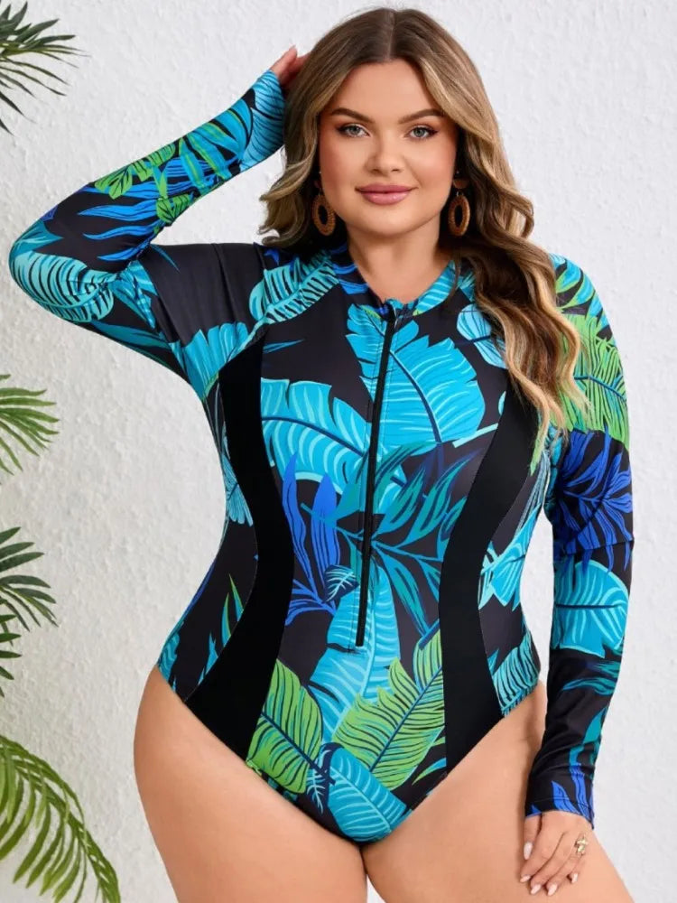 L-4XL Plus Size High One-Piece Swimsuit Long Sleeve Rash Guard Women's Push Up Large Size Swimsuit  Big Size Tummy Control Swimwear Bikini Sets