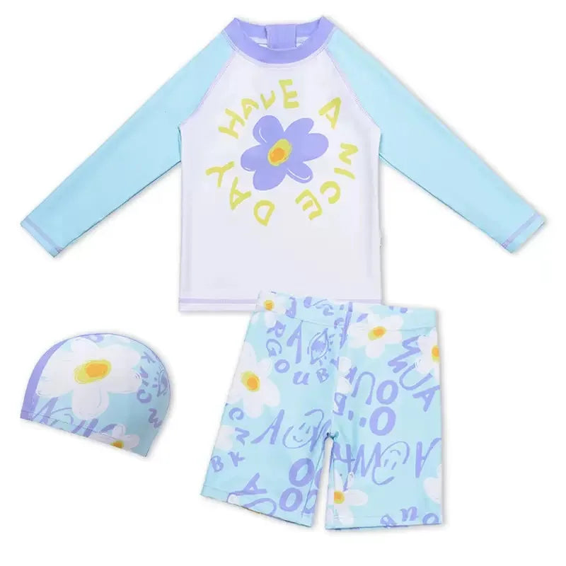 Girls' Long-Sleeve Rash Guard Set with Shorts & Cap